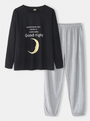 Kvinder Rib Moon Letter Print O-hals Bomuld Manchet Bukser Pyjamas Sæt