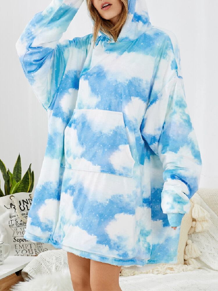 Kvinder Sky Landscape Print Lomme Lomme Vendbart Tæppe Hættetrøje Warm Thicken Oversized Homewear