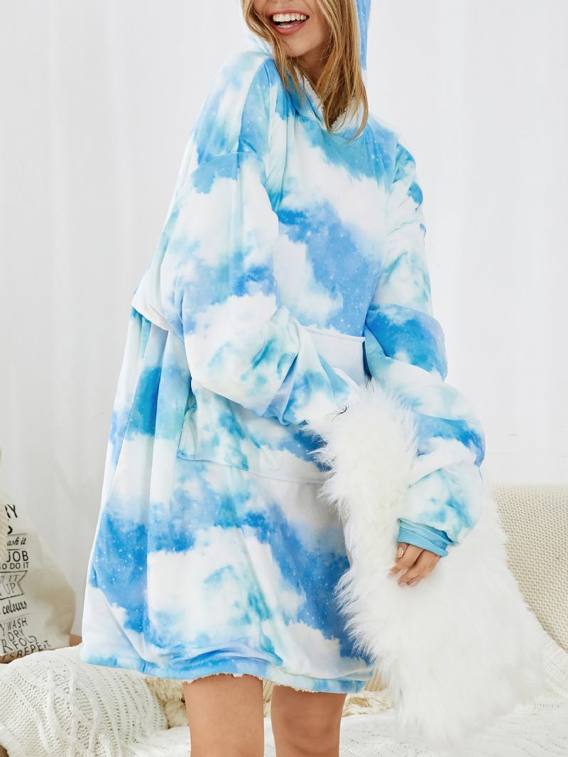 Kvinder Sky Landscape Print Lomme Lomme Vendbart Tæppe Hættetrøje Warm Thicken Oversized Homewear