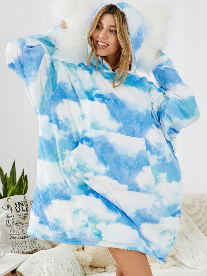 Kvinder Sky Landscape Print Lomme Lomme Vendbart Tæppe Hættetrøje Warm Thicken Oversized Homewear