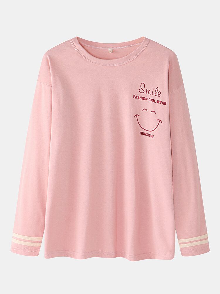 Kvinder Smile Face Print Drop Skulder Stribet Manchet Bomuld Pullover Pyjamas Sæt