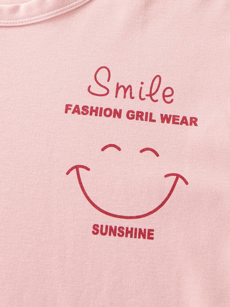 Kvinder Smile Face Print Drop Skulder Stribet Manchet Bomuld Pullover Pyjamas Sæt