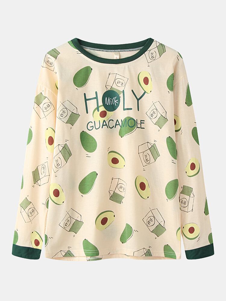 Kvinder Sød Avocado Print O-hals Bomuld Langærmede Løse Todelte Lounge Home Pyjamassæt