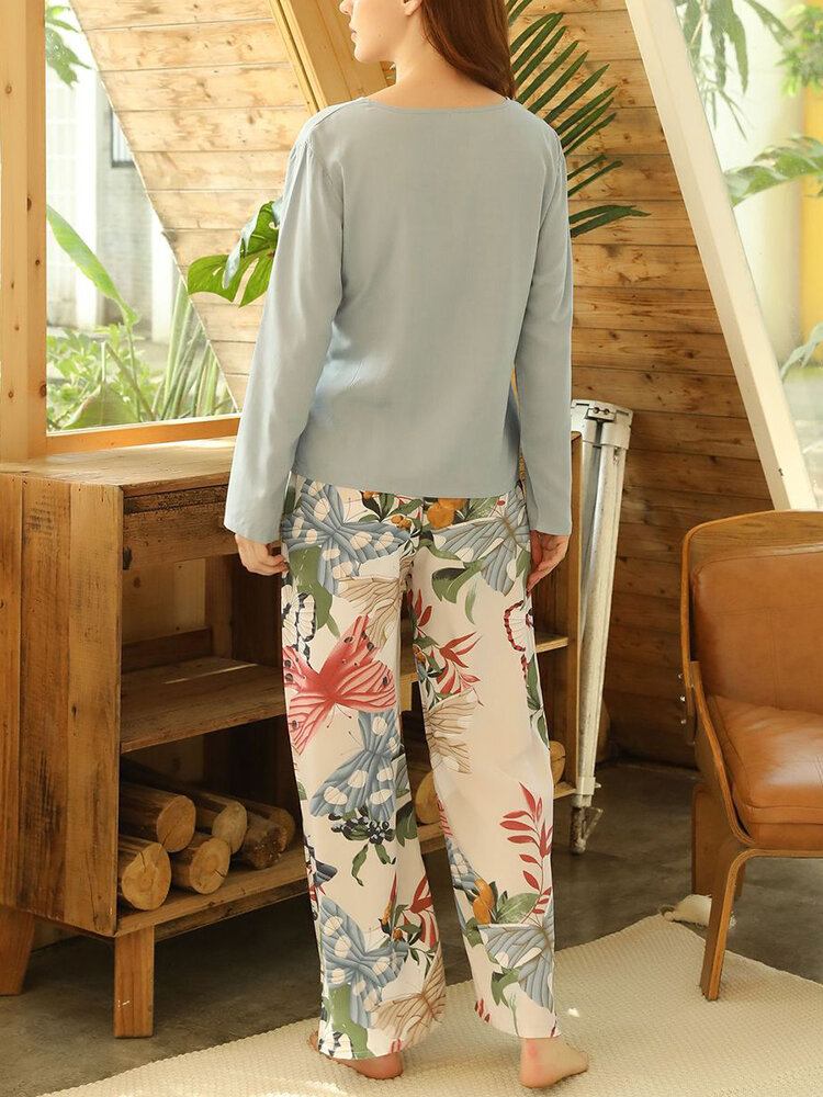 Kvinder Sommerfugl Blomsterprint V-hals Sløjfe Comfy Lang Pyjamas Sæt Loungewear