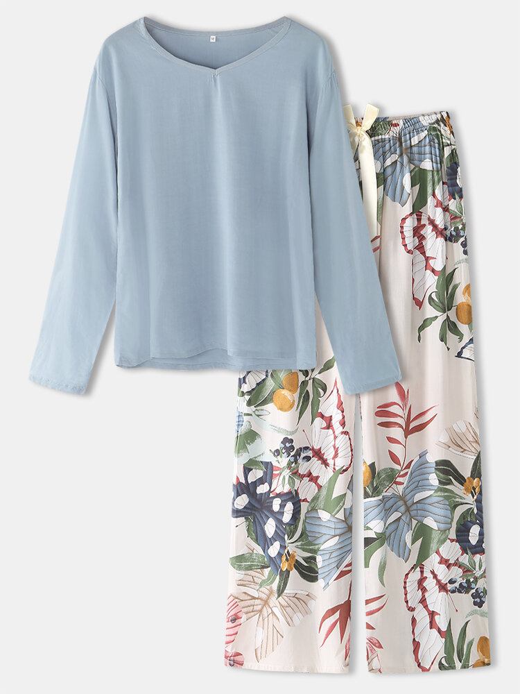 Kvinder Sommerfugl Blomsterprint V-hals Sløjfe Comfy Lang Pyjamas Sæt Loungewear