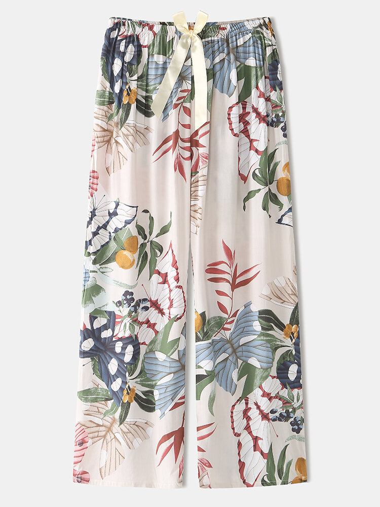 Kvinder Sommerfugl Blomsterprint V-hals Sløjfe Comfy Lang Pyjamas Sæt Loungewear