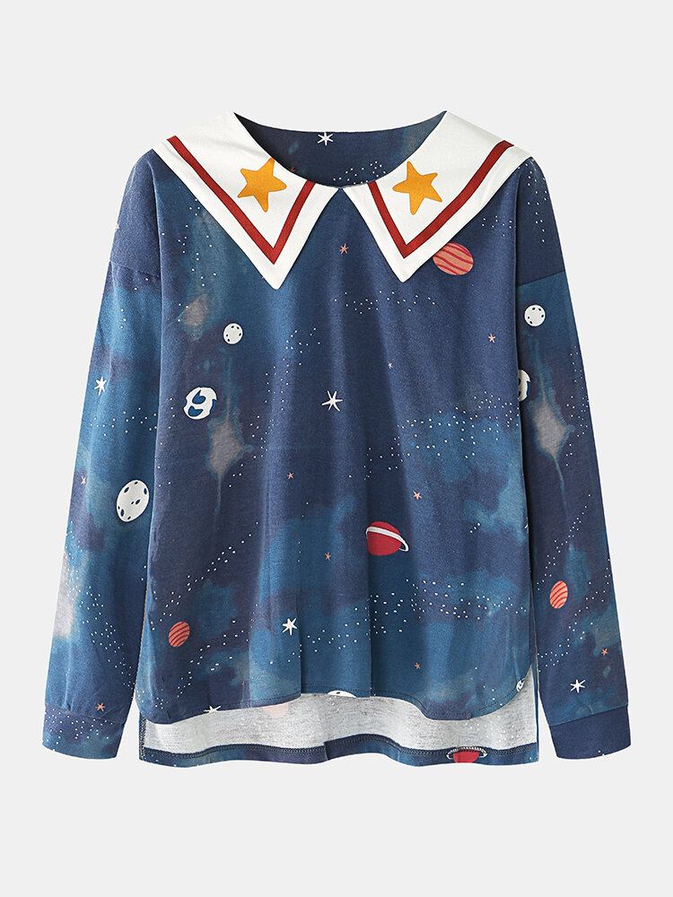 Kvinder Stjernehimmel Print Sød Pullover Løs Elastisk Talje Tegneserie Hjemmepyjamassæt