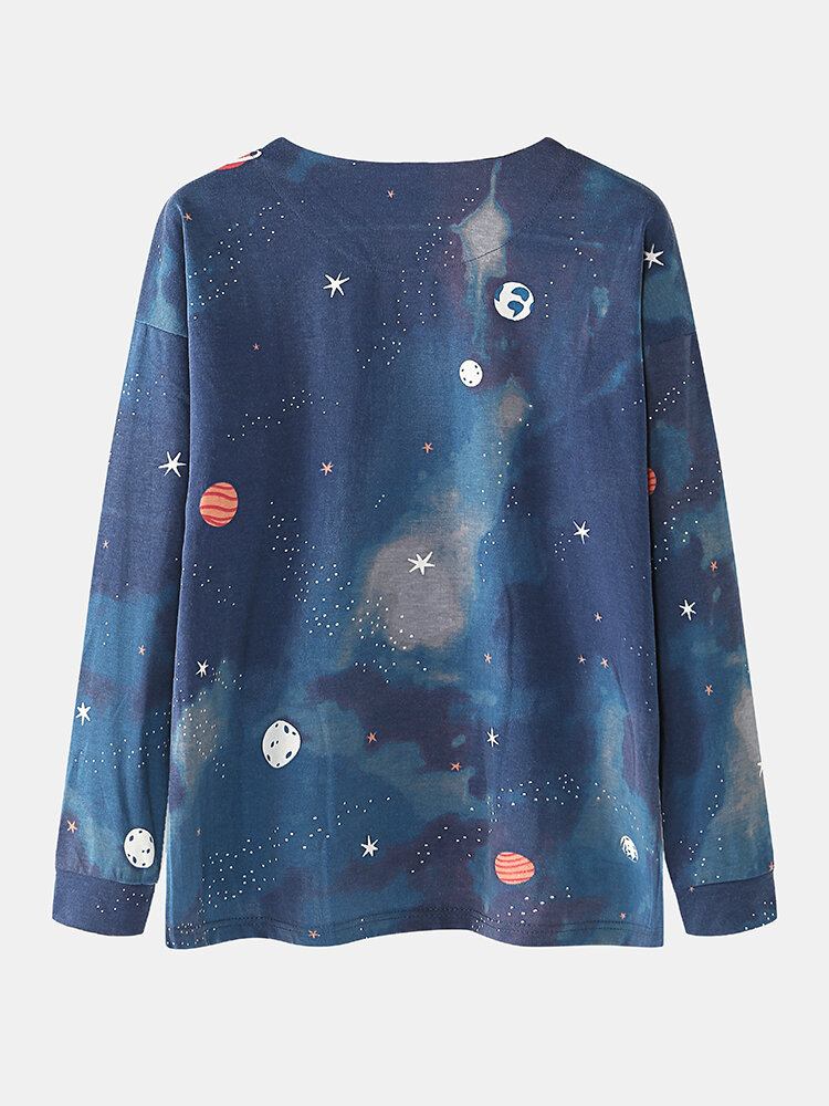 Kvinder Stjernehimmel Print Sød Pullover Løs Elastisk Talje Tegneserie Hjemmepyjamassæt