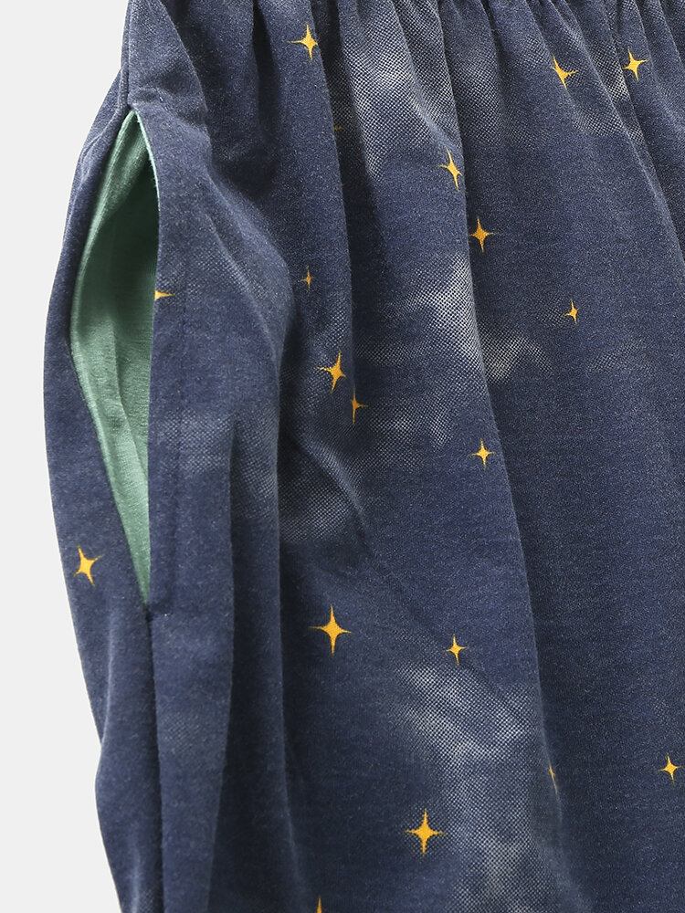 Kvinder Tegnefilm Isbjørn Stjernehimmel Print Pullover Elastisk Talje Lommebukser Hjemmepyjamassæt