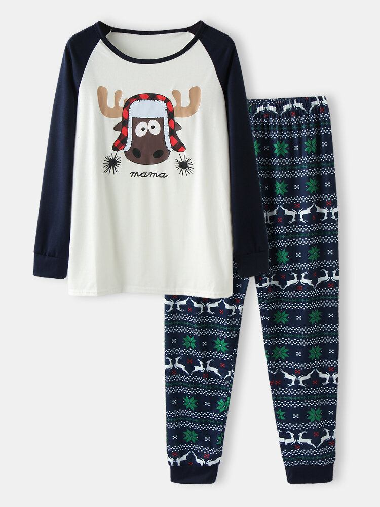 Kvinder Tegneserie Elk Print Raglan Ærmer Toptryk Elastiske Taljebukser Hjem Julepyjamassæt