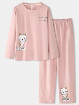 Kvinder Tegneserie Kat Print Langærmet Trøje Elastisk Talje Lommebukser Pink Hjemmepyjamas Sæt