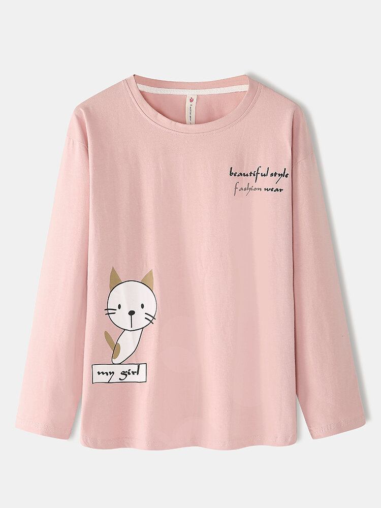 Kvinder Tegneserie Kat Print Langærmet Trøje Elastisk Talje Lommebukser Pink Hjemmepyjamas Sæt