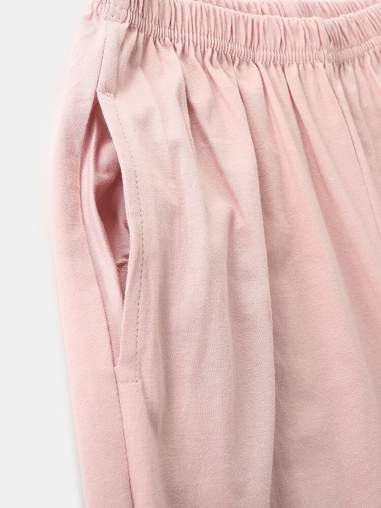 Kvinder Tegneserie Kat Print Langærmet Trøje Elastisk Talje Lommebukser Pink Hjemmepyjamas Sæt