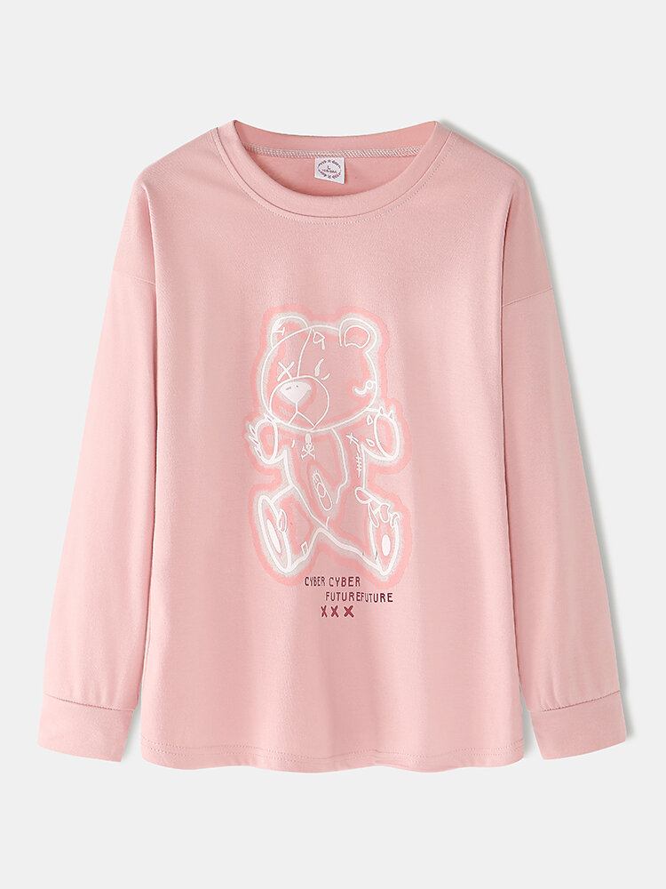 Kvinder Tegneserietryk Pink Pullover Elastisk Taljelomme Hjemmeafslappet Pyjamas