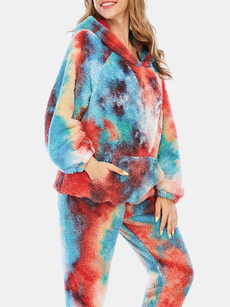 Kvinder Tie Dye Fleece Kænguru Lomme Hættetrøje Bukser Hjem Sleepweat Casual Pyjamas Sæt