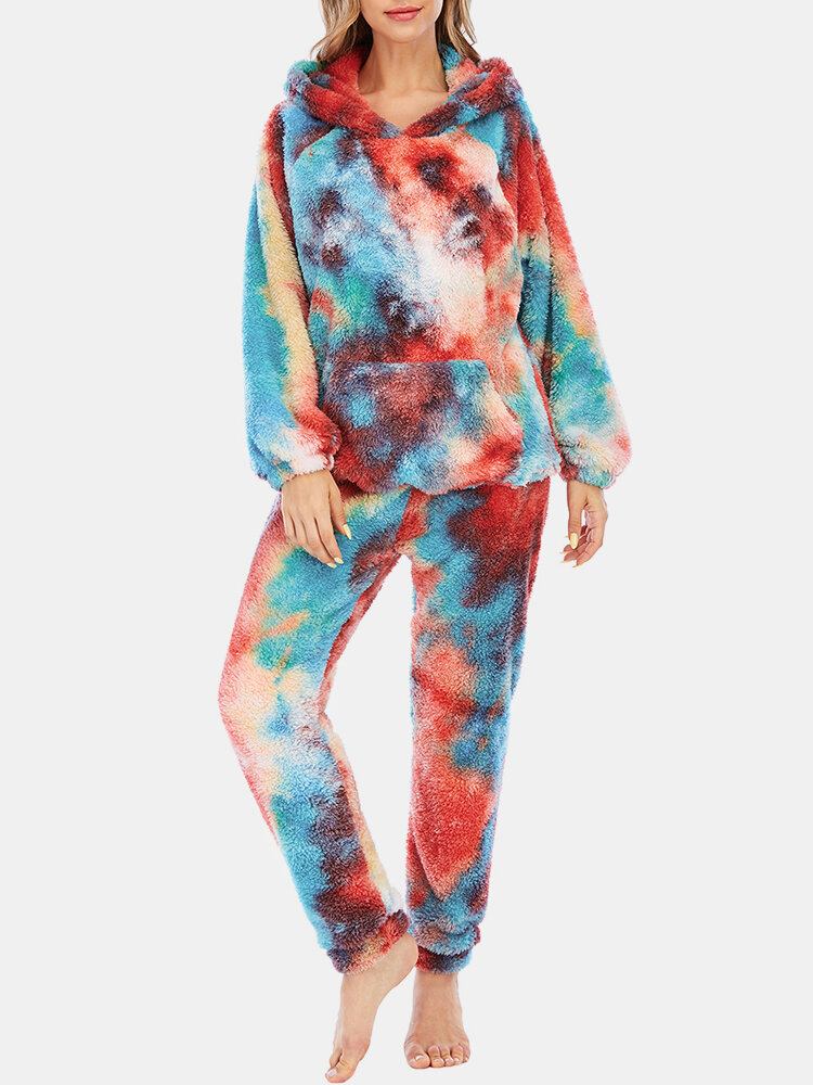 Kvinder Tie Dye Fleece Kænguru Lomme Hættetrøje Bukser Hjem Sleepweat Casual Pyjamas Sæt