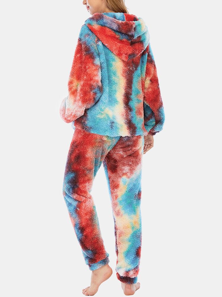 Kvinder Tie Dye Fleece Kænguru Lomme Hættetrøje Bukser Hjem Sleepweat Casual Pyjamas Sæt