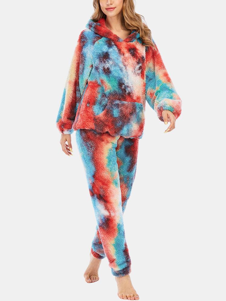 Kvinder Tie Dye Fleece Kænguru Lomme Hættetrøje Bukser Hjem Sleepweat Casual Pyjamas Sæt