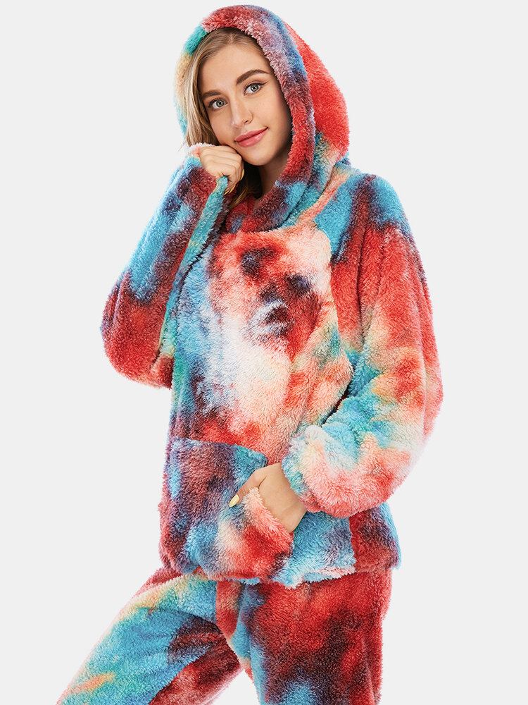 Kvinder Tie Dye Fleece Kænguru Lomme Hættetrøje Bukser Hjem Sleepweat Casual Pyjamas Sæt