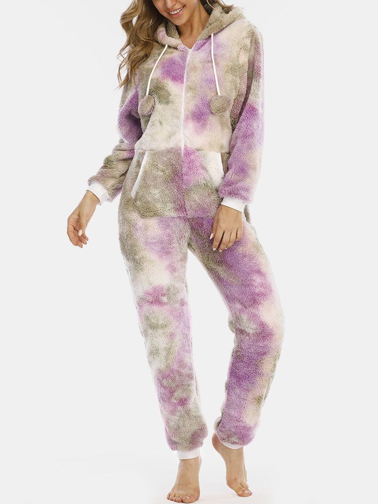 Kvinder Tie Dye Fluffy Plys Lynlås Foran Kængurulomme Hjemme-jumpsuits