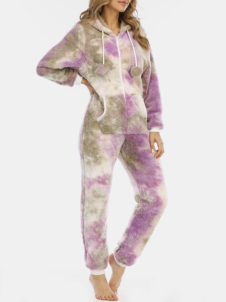 Kvinder Tie Dye Fluffy Plys Lynlås Foran Kængurulomme Hjemme-jumpsuits