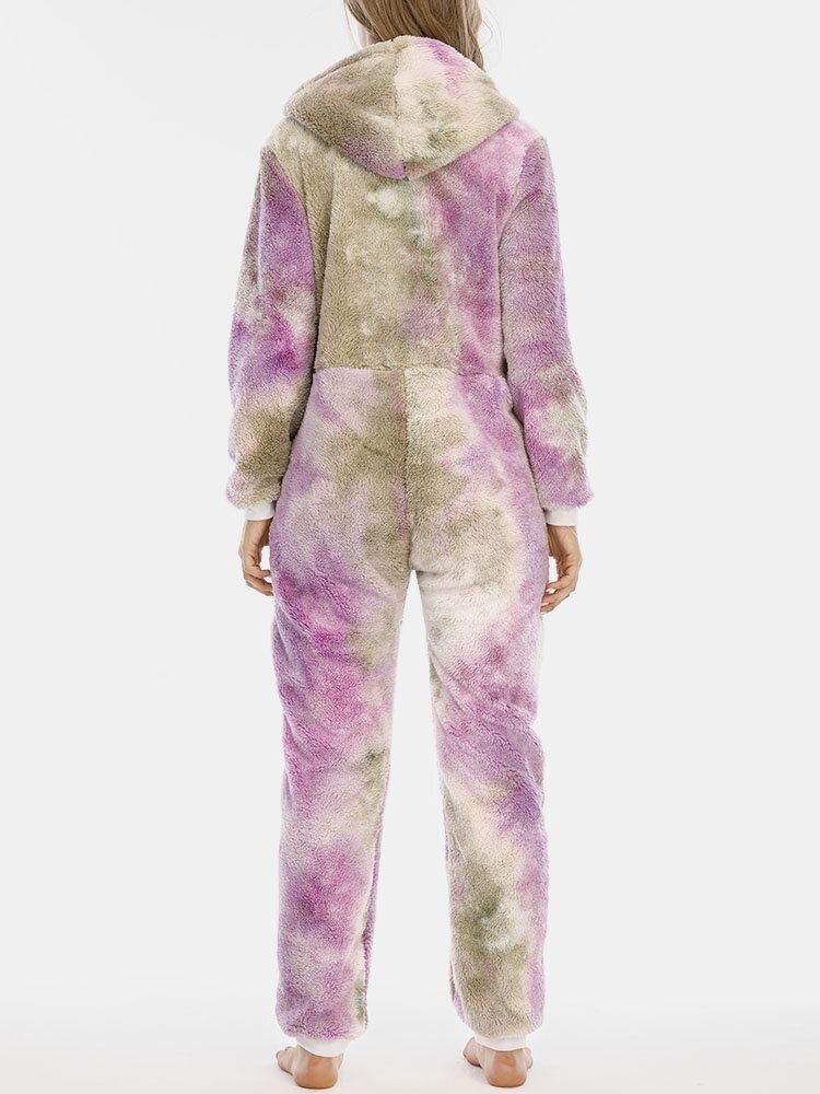 Kvinder Tie Dye Fluffy Plys Lynlås Foran Kængurulomme Hjemme-jumpsuits