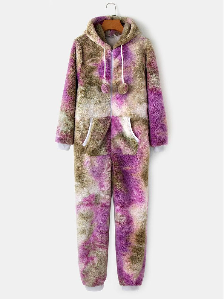 Kvinder Tie Dye Fluffy Plys Lynlås Foran Kængurulomme Hjemme-jumpsuits