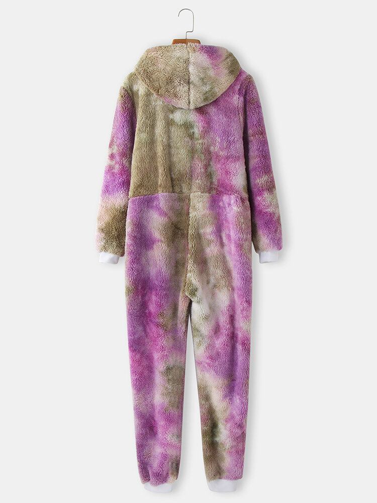 Kvinder Tie Dye Fluffy Plys Lynlås Foran Kængurulomme Hjemme-jumpsuits