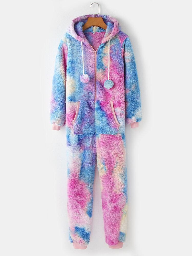 Kvinder Tie Dye Pocket Lynlås Forside Jumpsuit Hjem Nattøj