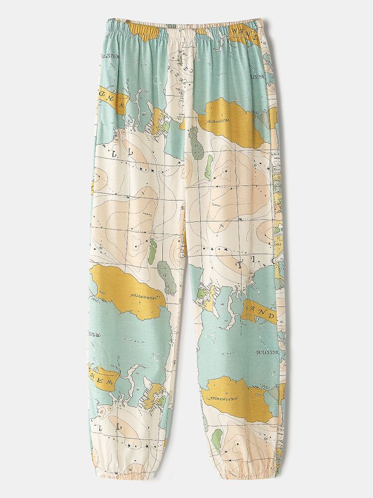 Kvinder Verdenskort Print Rundhals Elastisk Talje Joggerbukser Hjemmepyjamassæt