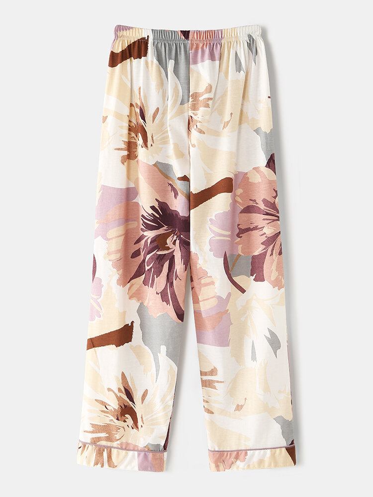 Kvinder Vintage Blomstertryk Camp Krave Dobbeltlomme Skjorte Elastiske Taljebukser Nattøj Hjemmepyjamas