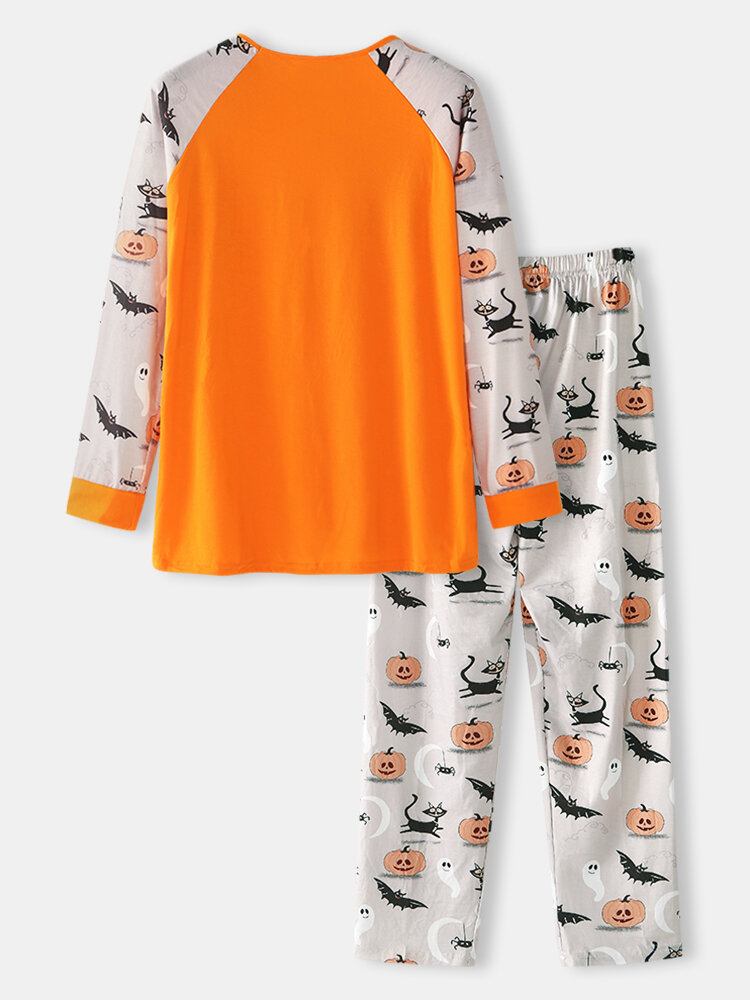 Mænd Tegneserie Halloween Print Patchwork Rund Hals Løs Langærmet Afslappet Hjemmepyjamas Sæt