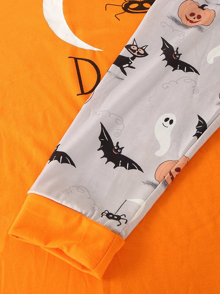 Mænd Tegneserie Halloween Print Patchwork Rund Hals Løs Langærmet Afslappet Hjemmepyjamas Sæt