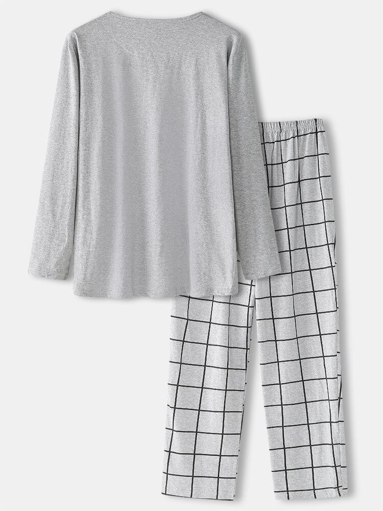 Mænds 100% Bomuld Med Rund Hals Og Plaid Bukser Hjem Comfy Pyjamas Sæt