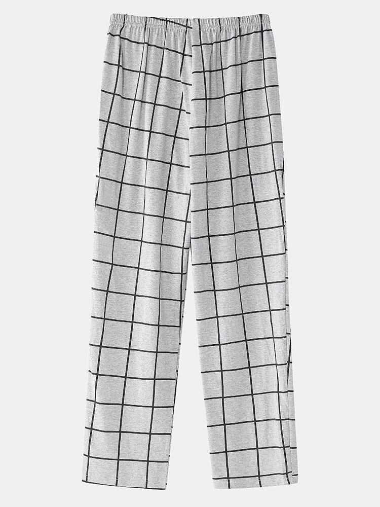 Mænds 100% Bomuld Med Rund Hals Og Plaid Bukser Hjem Comfy Pyjamas Sæt