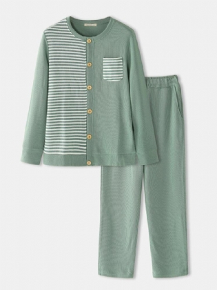 Mænds 100% Bomuld Patchwork Button Up Løs Home Casual Pyjamassæt Med Lomme