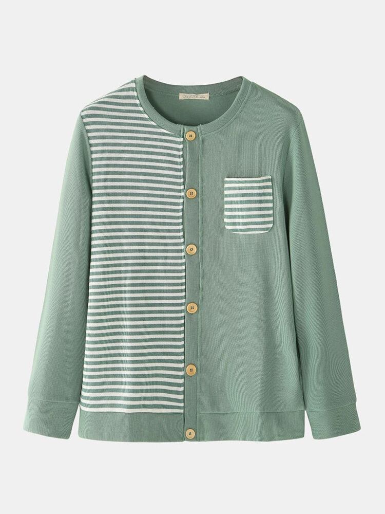 Mænds 100% Bomuld Patchwork Button Up Løs Home Casual Pyjamassæt Med Lomme