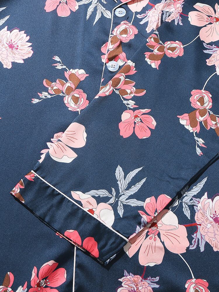 Mænds Blomsterprint Revere Krave Langærmede Pyjamassæt Med Kontrastbinding