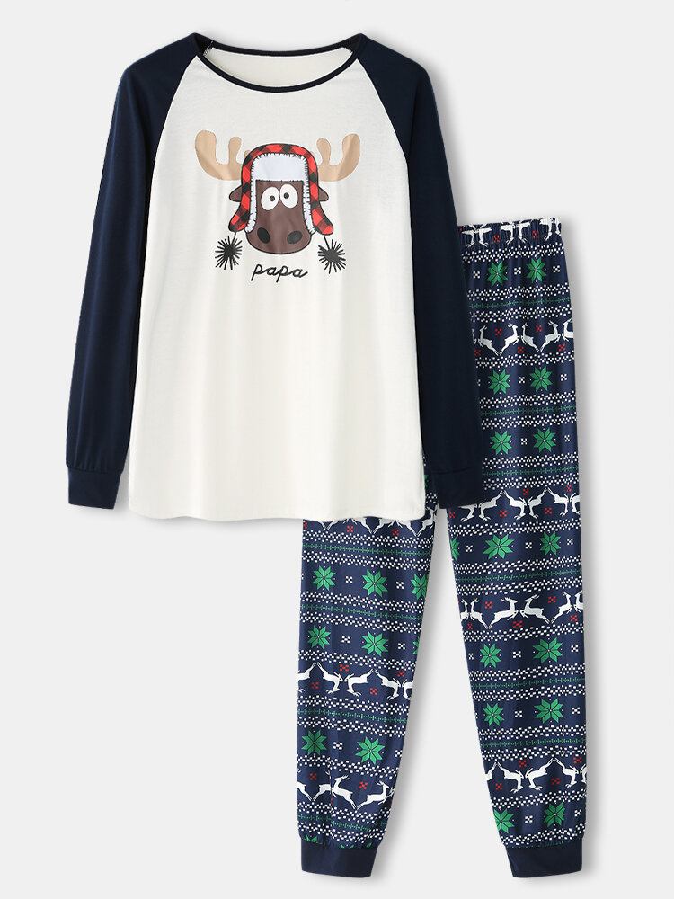 Mænds Juletegnefilm Elk Print Raglanærmet Langærmet Top Joggerbukser Hjemmepyjamas