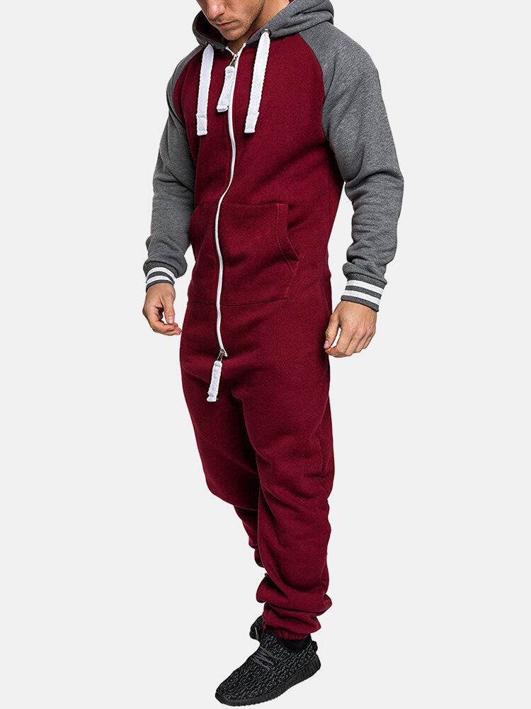 Mænds Kontrastfarve Lynlås Lange Raglanærmer Hætte Overall Nattøj Jumpsuit