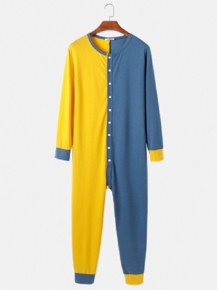 Mænds Kontrastfarve Patchwork Button Up Rund Hals Jumpsuit Home Comfy Lounge One-piece Pyjamas