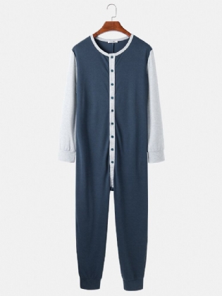 Mænds Patchwork Colorblock Rund Hals Knap Op Langærmet Comfy Home Jumpsuit Pyjamas