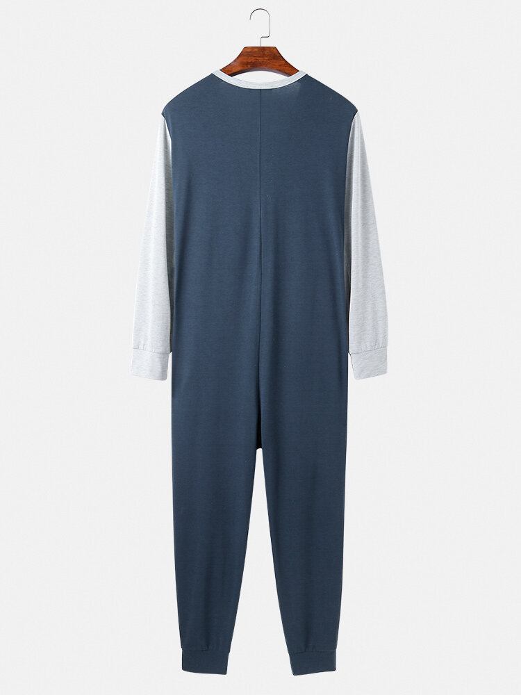 Mænds Patchwork Colorblock Rund Hals Knap Op Langærmet Comfy Home Jumpsuit Pyjamas