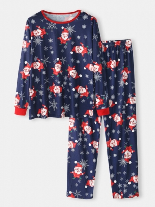 Mænds Tegneserie Julemandstryk O-hals Løse Bukser Comfy Home Pyjamassæt
