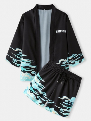 Mænds Wave Letter Print Kimono Vacation Løs Two Pieces Outfits