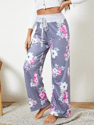 Plus Size Kvinder Blomstertryk Snørebånd Talje Løs Casual Hjemmepyjamasbukser