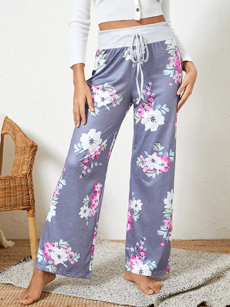 Plus Size Kvinder Blomstertryk Snørebånd Talje Løs Casual Hjemmepyjamasbukser