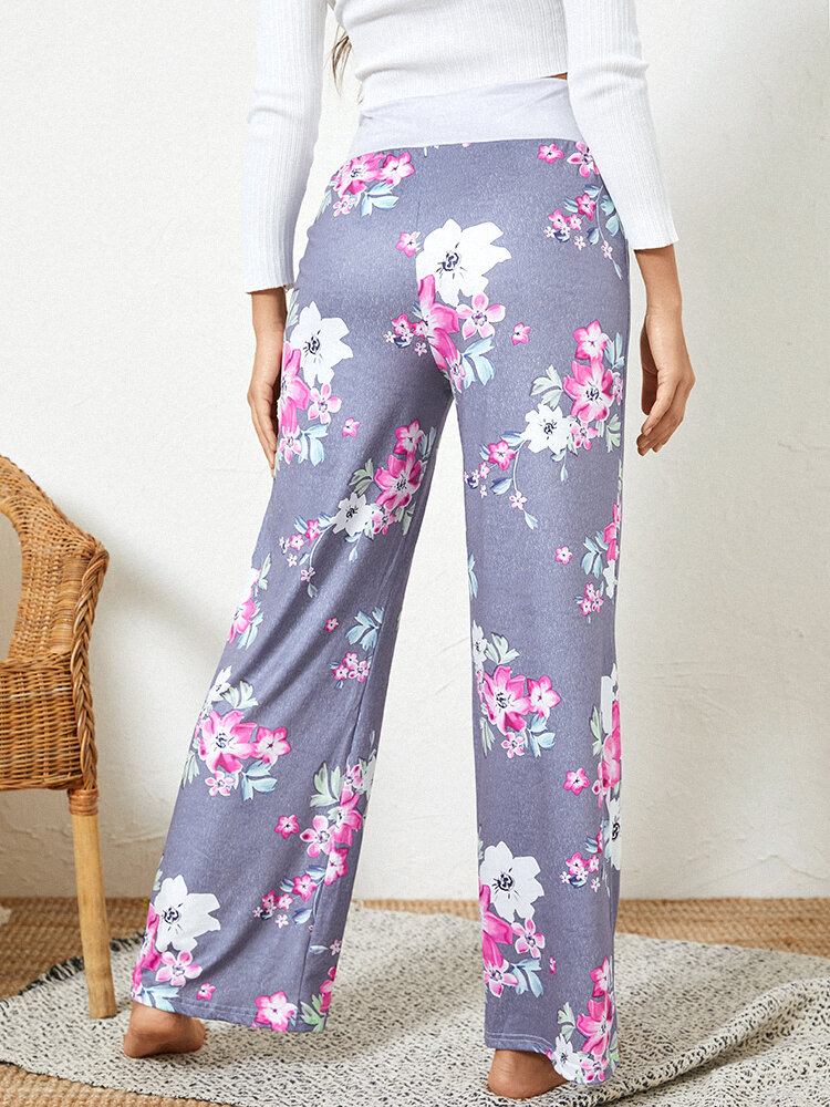 Plus Size Kvinder Blomstertryk Snørebånd Talje Løs Casual Hjemmepyjamasbukser