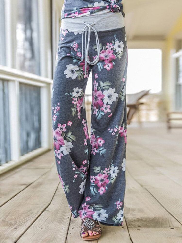 Plus Size Kvinder Blomstertryk Snørebånd Talje Løs Casual Hjemmepyjamasbukser