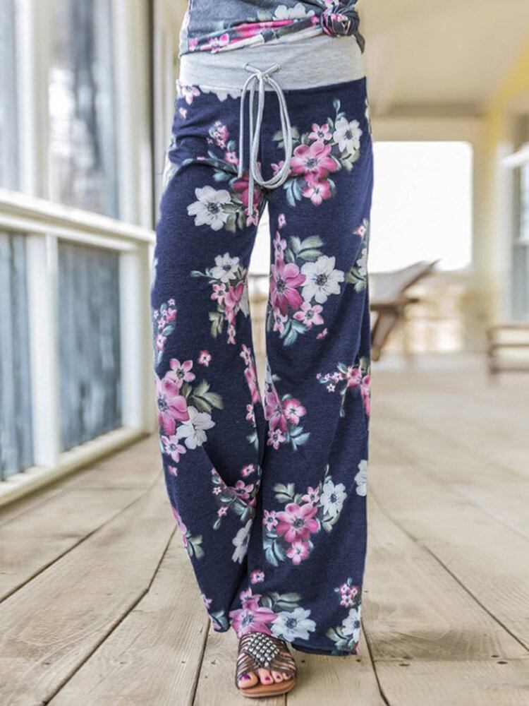 Plus Size Kvinder Blomstertryk Snørebånd Talje Løs Casual Hjemmepyjamasbukser